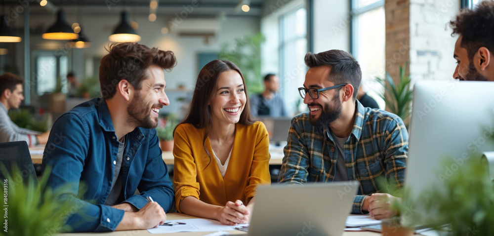 Obraz premium Diverse team collaborates happily in modern office. Coworkers talk, laugh, share ideas at desk. People work together on project, digital work environment. Business growth and team spirit.