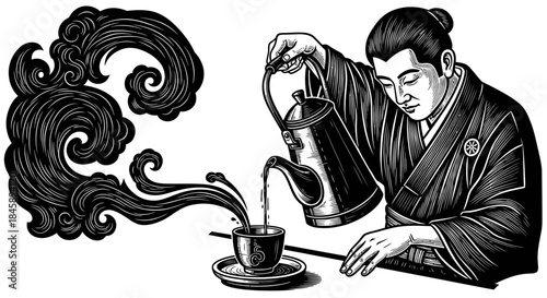 Monochrome Illustration of a Man Pouring Tea with a Decorative Wave.