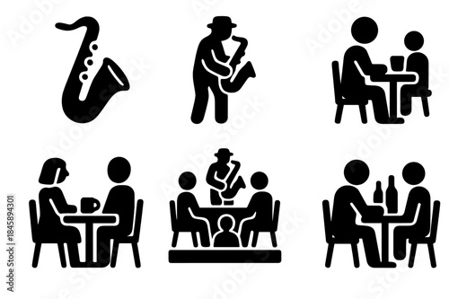 Black icons set depicting jazz performance, saxophone player, and people dining at restaurant tables