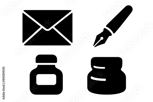 Classic correspondence and writing tools including envelope, fountain pen, and ink bottles