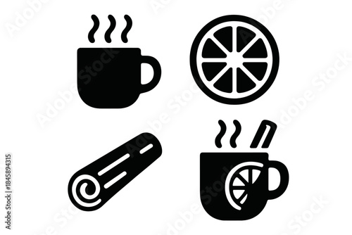 Minimalist symbols for warm winter drinks featuring a steaming cup, citrus fruit, and cinnamon spice
