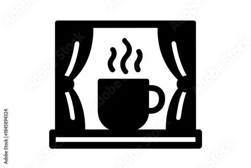 Cozy morning scene featuring a steaming hot drink mug on a windowsill framed by curtains
