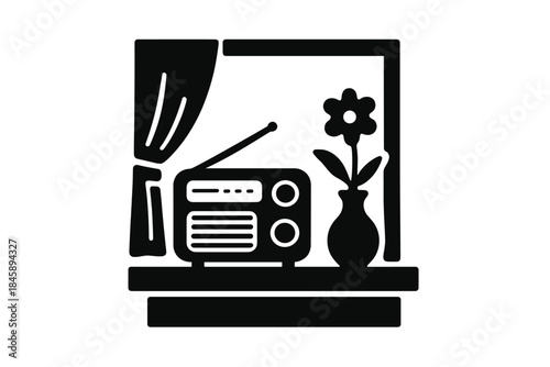 Nostalgic scene featuring a retro radio and potted flower on a window ledge