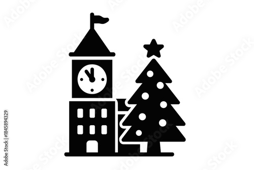 Black and white silhouette of a clock tower building standing beside a festive Christmas tree
