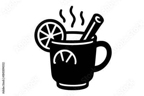 Steaming hot beverage mug with cinnamon stick and citrus slice garnish for winter holidays