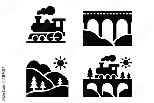 Black silhouette icons of a steam engine, railroad bridge, mountain landscape, and sun