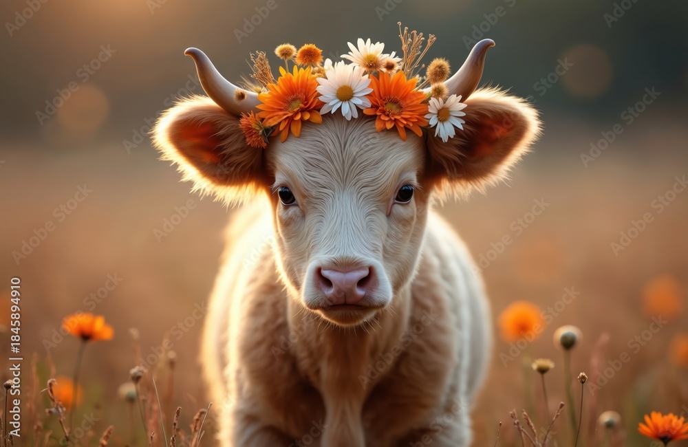 Obraz premium Young highland cow calf wears wreath of orange and white flowers in autumn meadow. Small bovine mammal stands peacefully in warm sunset light. Cute farm animal enjoys nature.