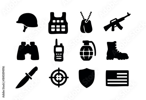 A collection of black silhouette icons representing essential military, army, and tactical gear on a white background — stock vector.