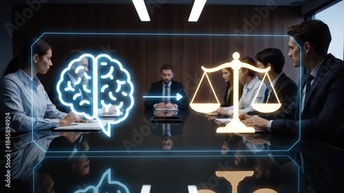 A diverse business team discusses the intersection of artificial intelligence and law, with holographic icons of a brain and scales of justice
