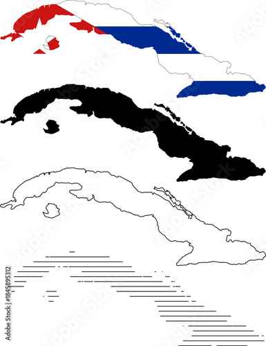Set of four cuba map outlines and filled shapes, including one filled with the cuban flag colors, isolated on white background