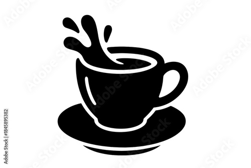 Black silhouette of a hot beverage cup splashing liquid onto a saucer