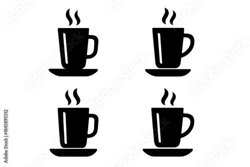 Four black silhouettes of hot steaming coffee cups on saucers for beverage menus