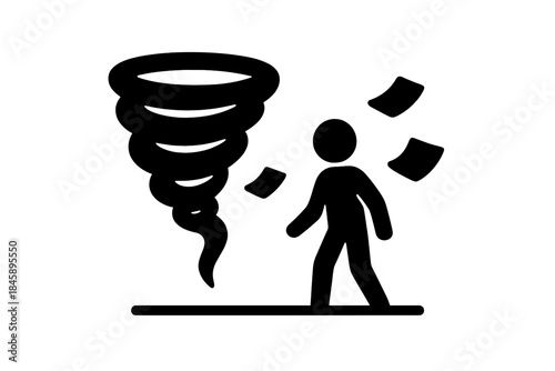 Person caught in a powerful tornado whirlwind with documents flying away