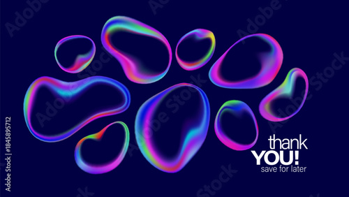 Iridescent holographic liquid blobs with rainbow gradients. Abstract fluid glass shapes featuring transparent soap bubble effects and holographic purple pink glow on isolated background