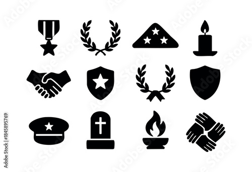 A collection of black silhouette icons representing military honor, remembrance, unity, and patriotic themes, suitable for various design projects — stock vector.