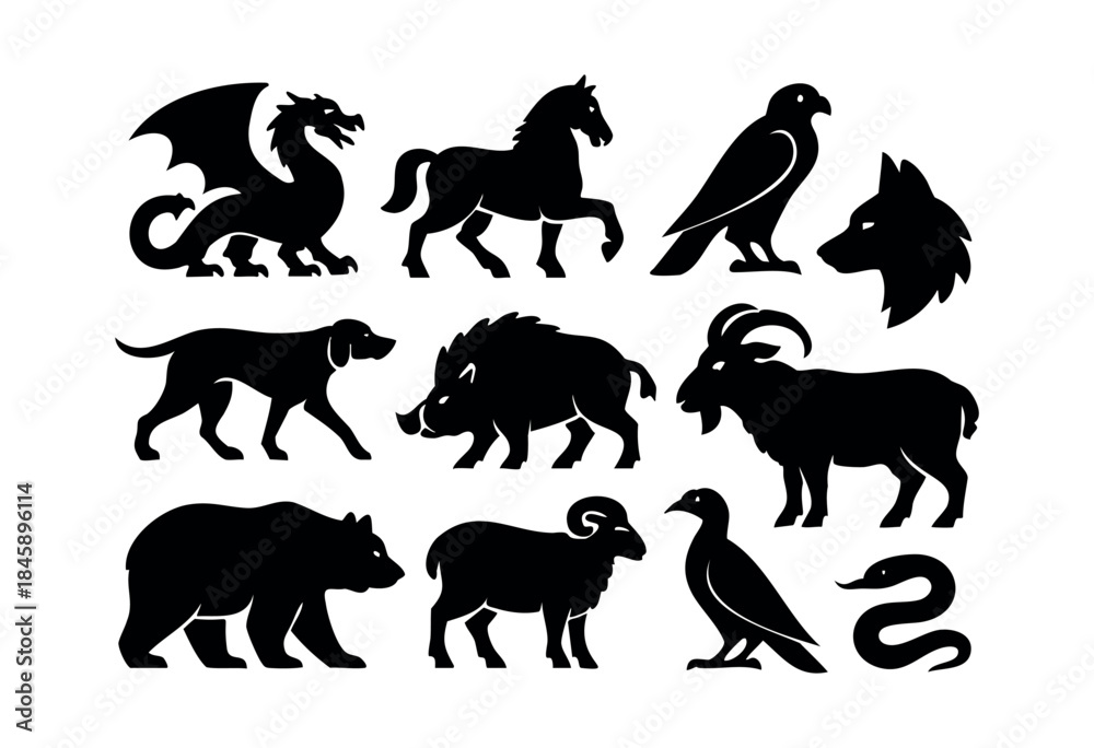 Naklejka premium A varied set of black animal and mythical creature silhouettes, featuring wild animals, domestic pets, birds, reptiles, and a fantasy dragon, isolated on white — stock vector.