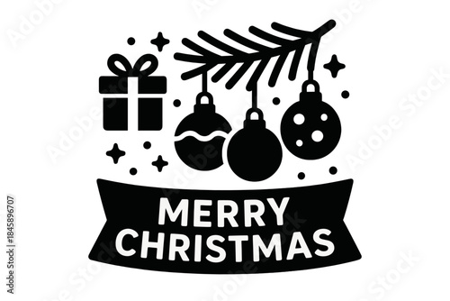 Monochrome festive pine branch with decorative ornaments, wrapped present, and ribbon banner