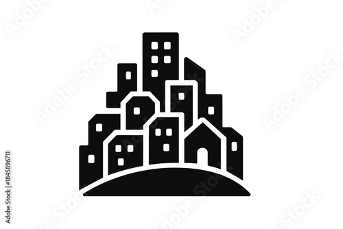 Dense urban city skyline silhouette featuring buildings and skyscrapers on a hill