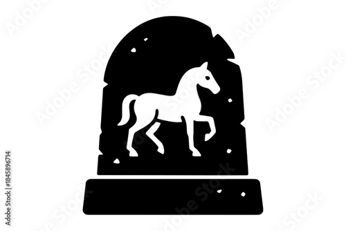 Stylized white horse silhouette standing within a dark, rough-edged ancient stone monument