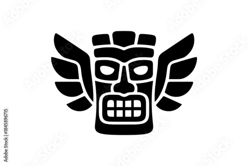 Stylized black and white winged tribal mask icon representing ancient mythology