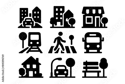 City infrastructure symbols including buildings, cars, buses, trains, crosswalk, and park bench