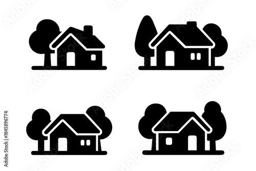 Set of simple black glyphs depicting suburban houses and homes among foliage