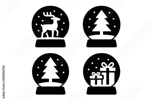 Festive snow globe collection featuring reindeer, Christmas tree, and wrapped gifts