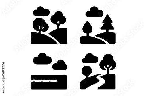 Simple black glyph icons representing natural landscapes, trees, clouds, hills, and water bodies