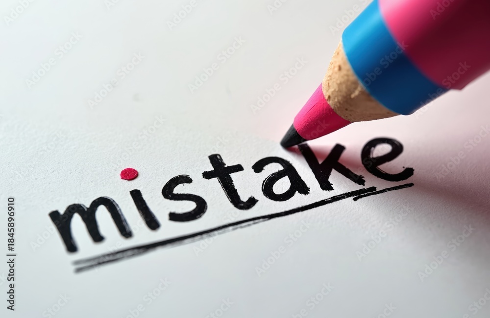 Obraz premium Pencil corrects written word mistake on white paper. Concept for error revision, learning, and fixing issues. Shows correction process for better results. A focused business or school task.