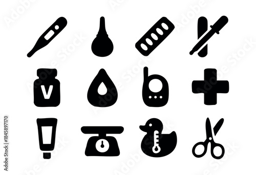 A comprehensive collection of black silhouette icons depicting essential baby care, health, and hygiene items on a white background — stock vector.