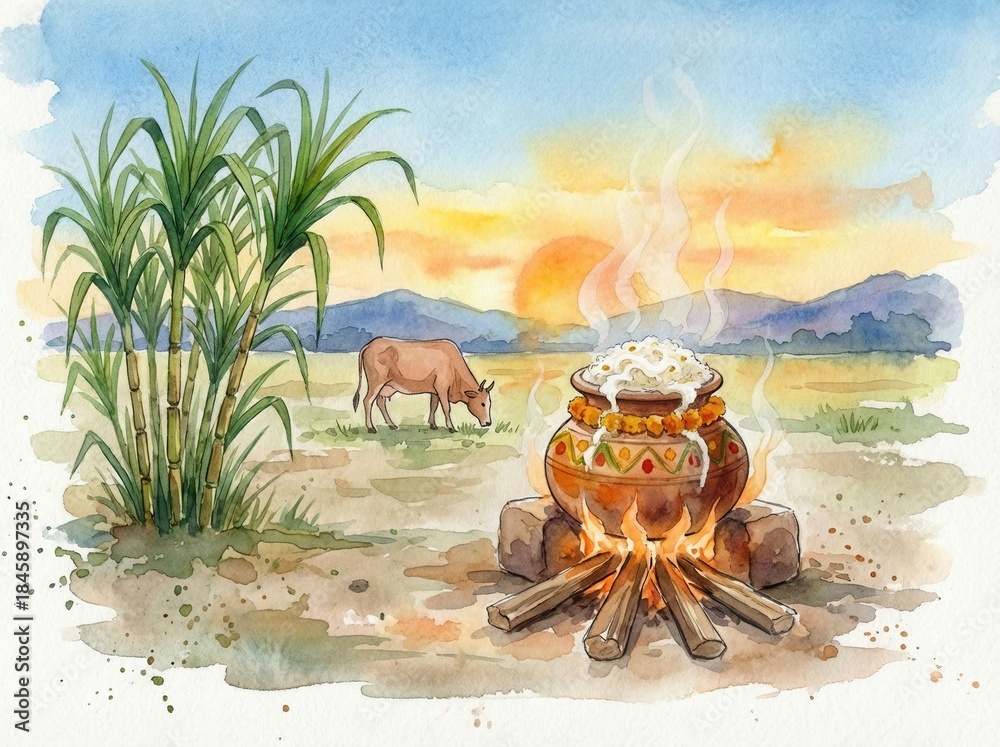 Obraz premium Watercolor illustration for pongal celebration.