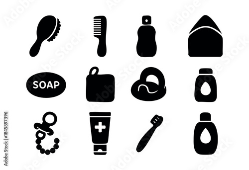 A collection of black silhouette vector icons representing various personal hygiene, grooming, and baby care products and tools, ideal for health and wellness related designs — stock vector.