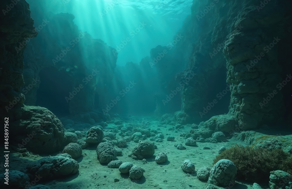 Fototapeta premium Sunlight pierces through ocean depths illuminating rocky seabed with strange formations resembling skulls. Dark underwater canyon walls rise on sides. Aquatic scene feels eerie and ancient.