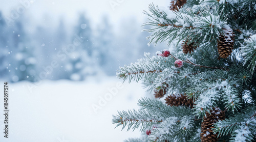 Christmas scene with a snowy landscape and the branches of a Christmas tree with pinecones and rosehips. Image created using AI