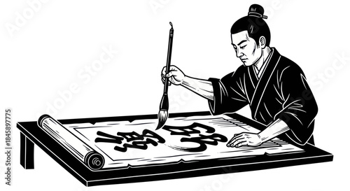 Man practicing traditional Japanese calligraphy with a brush and ink on paper.