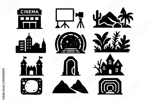 A collection of various location and scene silhouettes including cityscapes, natural landscapes, and architectural structures, ideal for travel, adventure, and setting design projects — stock vector.
