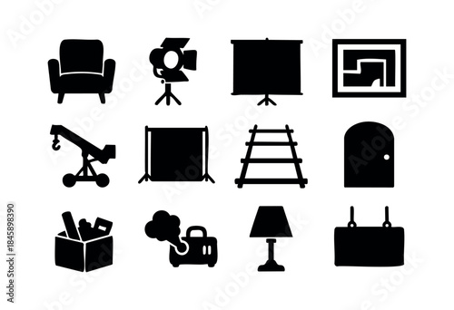 A collection of black silhouette vector icons representing various elements for home design, studio production, and creative work, including furniture, lighting, and stage equipment — stock vector.