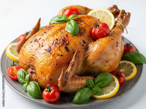 Roasted chicken with lemon and herbs isolated on white background