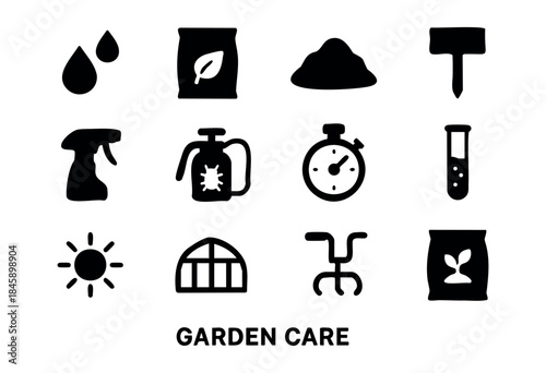A collection of black silhouette icons representing various tools and elements for gardening and plant care, isolated on a white background — stock vector.