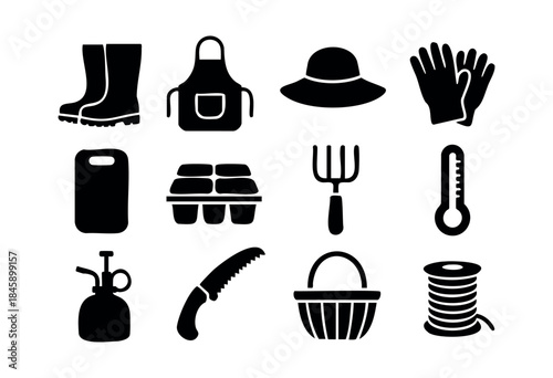 A comprehensive collection of black silhouette icons depicting essential gardening tools, equipment, and supplies, isolated on a white background — stock vector.