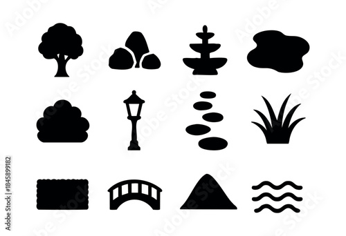 A comprehensive collection of black silhouette icons representing various park, garden, and landscape elements like trees, bushes, fountains, and bridges, ideal for design projects — stock vector.