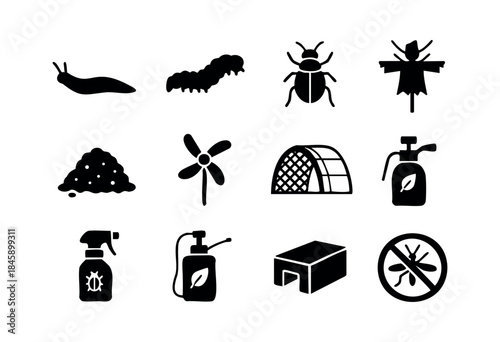 A collection of black glyph icons depicting garden pests, organic protection methods, and cultivation tools for farming and horticulture — stock vector.