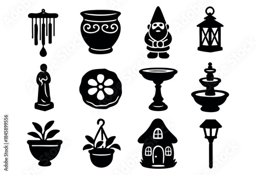 A comprehensive collection of black silhouette icons representing various garden and outdoor decorative elements, including gnomes, fountains, plants, and lanterns — stock vector.
