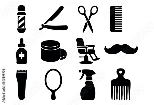 A collection of black silhouette icons representing various tools and symbols associated with barber shops, hairdressing, and male grooming, isolated on a white background — stock vector.