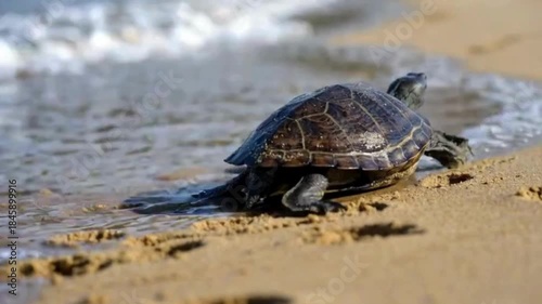 A sea turtle crawls gracefully onto the sandy shore, waves gently caressing the beach. Capturing a moment of tranquility and the beauty of marine life.