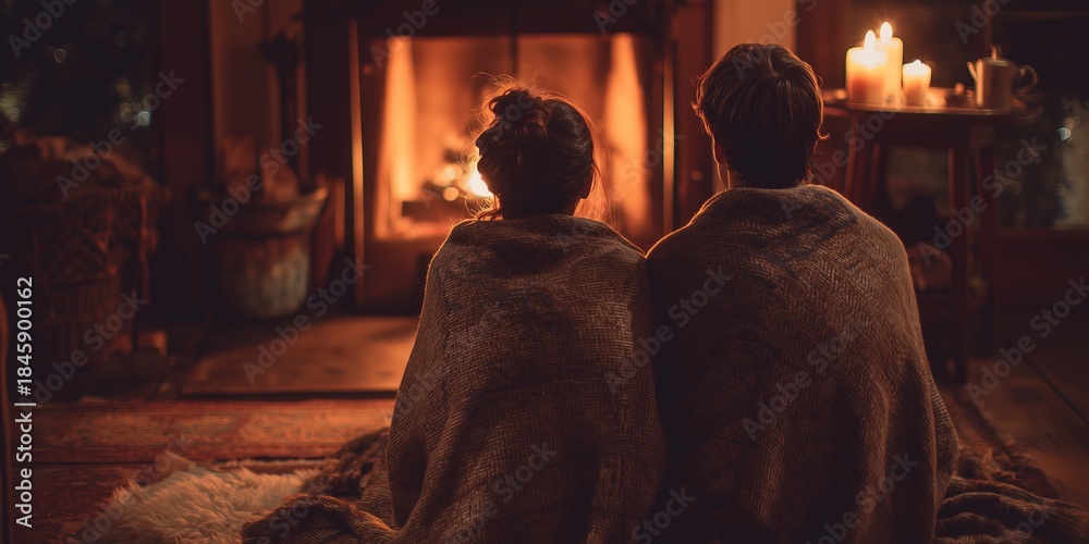 Obraz premium Couple sits on the floor wrapped in a blanket, looking at the fireplace with soft candlelight nearby. The quiet intimacy suggests warmth, closeness and Valentine tenderness.