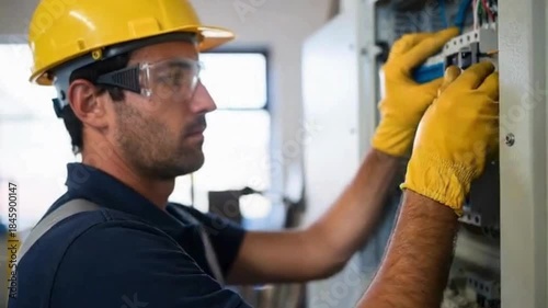 An electrician in a protective helmet and gloves meticulously works on an electrical panel. Demonstrating precision and expertise in the realm of industrial maintenance and safety.