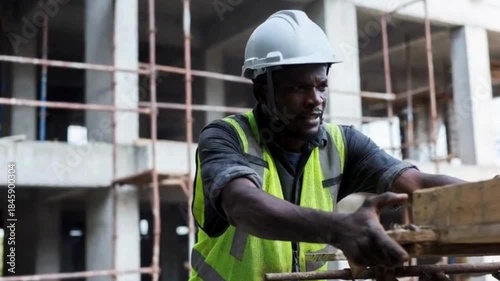 A diligent construction worker, focused on the task at hand within a high-rise infrastructure, showcasing dedicated labor and precision.