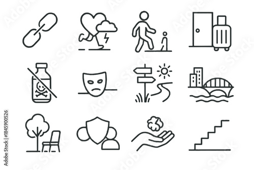Tree icons between person two chair pointing icon vector chain toxic healthy