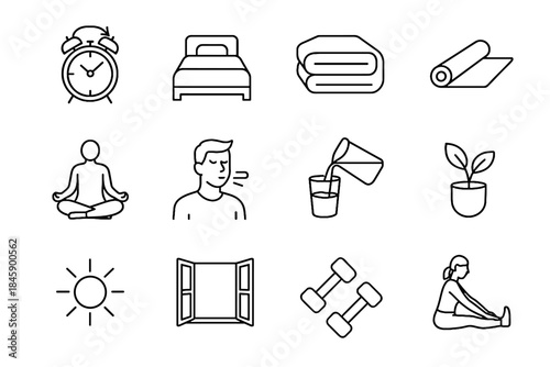 Routine icons icon blanket light window glass vector pose figure stretching morning